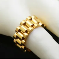 Classic Luxury 24K Gold Plated Men Watchband Rings Stainless Steel Golden Link Ring Hip Hop Mens Style Men Ring Watches Band Ring