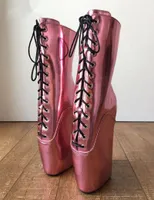 Mettlic Pembe Ayakkabı Dantel Up Ayak Bileği Çizmeler Kadınlar Bale Kama Heelless Fetiş Bale Crossdresser Ayakkabı Artı Boyutu Boot