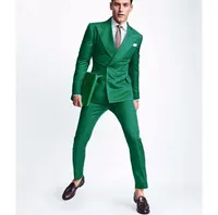 Nowy Design 2019 Najnowsze Płaszcze Pant Tux Green Men Suits Wedding Slim Fit 2 Piece Double Breasted Tuxedos Custom Groom Prom Blazer Masculino