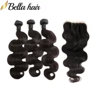 Malaysiska hårbunt med stängning Kroppsvåg Obehandlad Human Virgin Haft Weft Extensions 4x4 3 Del Lace Stängning 4st / Lot DHL Bella Hair