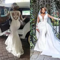Eleganta sjöjungfru bröllopsklänningar med avtagbart tåg 2020 Luxury Lace Applique Beaded Long Sleeve Plus Storlek Bröllop Bröllopsklänningar