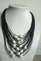 Disponibile Gratuito 11-12mm barroco blanco agua dulce perla Multi-Strand collar de cuero negro
