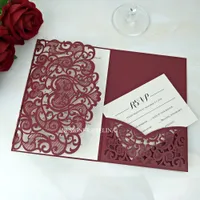 Delvis inbjudande - Burgundy Sweetheart Bröllop Inbjudningar Laser Cut Invitation Cards med RSVP för årsdag quinceanera inbjudningar