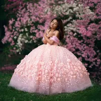 Pink Beaded Ball Suknia 3D Appliqued Flower Girl Dress For Wedding Tulle First Off Girls Girls Pageant Suknie święte Communion Suknie
