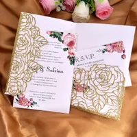 Gold Glitter Palm Laser Cut Wed Invitation Cards DIY Pocket Invitations for Bridal Shower Party Quinceanera Invites with Envelope