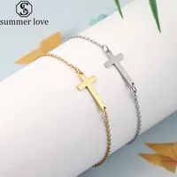 Crucifix Jesus Christian Horizontal Sideways Cross Bracelets Gold Silver Color Stainless Steel Bracelet for Women Men Charm Jewelry Gift-Z
