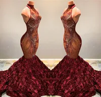 2020 Superbe africaine sirène Robes de bal Bourgogne longue à col perles en cristal Volants Fleurs Femmes Sexy Party Pageant Robes Robes