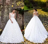 New Butterflies Hand Made Flowers Flare Fitted Bridal Wedding Dresses New Sheer Neck Cap Sleeves Appliques Long Bridal Gowns BA9960