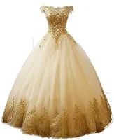 2020 Real Image Gold Lace Applique Quinceanera Klänningar Prom Bateau Ball Gown Sweet 16 Formal Occasion Prom Evening Dresses Anpassad
