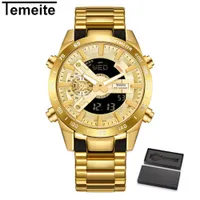 2020 Temeite Brand Gold Mens Quartz Watches Sport Digital Watch Men LED Dual Display Wristwatch Waterproof Luminous Relogio Masculino