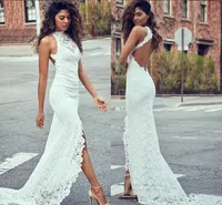 Biała koronkowa pochwa sexy plażowe suknie ślubne Backless Turcja Dubaj Sprzedaż Split Front Abiito Da Sposa Suknie ślubne 2020