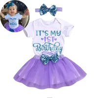 INS summer my 1st birthday outfits little girls clothing sets baby girls sequin bows headbands letter rompers tulle tutus skirts purple 3pcs