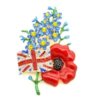 3.2 Inch UK Jack Union Flag Red Poppy Brooch with Forget Me Not Flower Large Crystal Pin