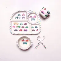 5Pcs Sets Baby Bamboo Fiber Plate Children Tableware Dish Bowl Fork Spoon Cup Feeding Dinnerware Set Cute Safety For Kids309E
