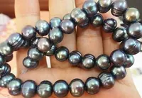Enorme collar de 18 "9-10 mm negro azul pavo real perla barroca buen brillo