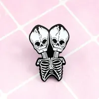 Siamese Skeleton Brooch Couple Skull Sharing Body Death Enamel Pin Tote Bag Leather Gothic Badge Halloween Couple Love Gifts