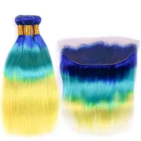 Silanda Haar Ombre Blue / Hellblau / Gelb Gerade Remy Human Hair Weave 3 Bündel mit 13x4 Spitze Frontal Verschluss