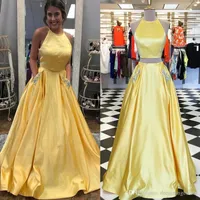 Giallo 2 pezzi Prom Dresses 2018 Aperto Indietro Evening Party Dress con perline Pocket Robe de soiree SE257