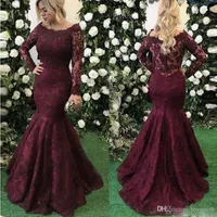 Elegant Burgundy Mermaid Prom Dresses Long Sleeves Boat Neck Lace Appliques Women Formal Wear Gala Dress 2019 Evening Gowns