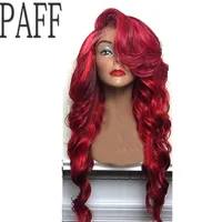 PAFF Red Lace Front Human Hair Wig Ciało Fala z Bangs Peruwiański Dziewiczy Włosy Peruka z Baby Hair Fairline Strona