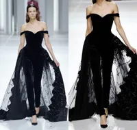Schwarze Frauen Overalls Fashion Abendkleider Off Shoulder Overskirts Tüll Spitzenkleid Prom Dresses Special Occasion Wears