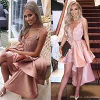 Sexy Pink Short Cocktail Dresses V Neck Spaghetti Straps Hi-lo Satin Homecoming Dress Appliques Formal Graduation Party Gowns vestidos