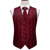 Fast Shipping Men&#039;s Classic Red Paisley Silk Jacquard Waistcoat Vest Tie Pocket Square Cufflinks Set Fashion Party Wedding MJ-2001