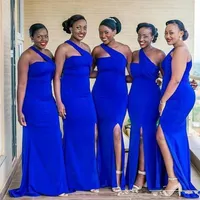African eine Schulter Royal Blue Brautjungfernkleid elastischer Satin Lange Hochzeit Gastkleider Trauzeugin Kleider für Mollige