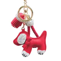Cartoon Leather Tassel Puppy Dog Crystal Rhinestone Animal Leather Rope Keychain Car Key Ring Key Chains Bag Charms Keyring