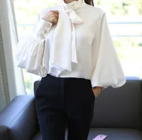Women&#039;s Blouses & Shirts Pure White Bow Tie Blouse Chiffon Women Office Shirt Lantern Sleeve Blusas Femininas Formal Ladies Tops