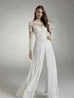 2020 Lace Wedding Bridal Jumpsuits Long Sleeves Jewel Sheer Neck Hollow Back Applique Chiffon Beach Suits Wedding Dresses Reception