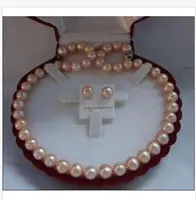 Elegancki 9-10mm Czarowne South Sea Round Gold Pink Pearl Necklace + Earring 18 Inc