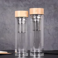 Doppelschalig Glas-Teebecher Bambus Deckel Wasser Cups Mit Sieb und Infuser Korb Glaswasserflaschen 450ml LXL1132-1