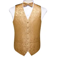 Fast Shipping Men&#039;s Classic Gold Paisley Silk Jacquard Waistcoat Vest Bow Tie Pocket Square Cufflinks Set Fashion Party Wedding MJ-0112