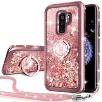 Girls Moving Liquid Holographic Sparkle Glitter Case with Kickstand, Bling Diamond Rhinestone Bumper W/Ring for Samsung Galaxy S9 Plus
