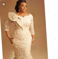 Asobi Styles Mermaid Prom Formal Dresses 2020 Plus Storlek Afrikansk Nigerial Långärmad 3D Floral Lace Cafe Aftur Kawn