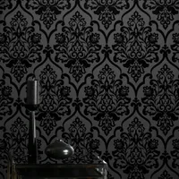 Hot selling high grade Classic Mystery Black Velvet Flocking Damask Wallpaper Textile Wallcovering for home decoration