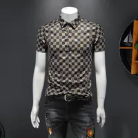 2020 summer plaid print short-sleeved shirt men&#039;s handsome fashion casual shirt Slim wild light cooked wind lapel top