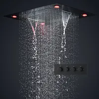 Black Shower Set Luxurious Bath System Large Rain Waterfall Concealed LED ShowerHead 600x800mm With Thermostatic Shower Faucets