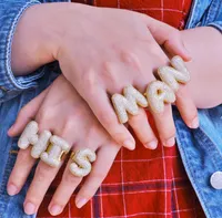 2020 Designer plaqué or 18 carats Iced diamant A-Z Lettre Bubble Finger Rings bande des femmes des hommes Ouvrir Cuff Anneau Hip Hop Bijoux cadeau pour les couples