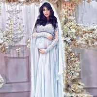Elegante Sky Blue Chiffon Zwangere Prom Dresses Formele Prom Jurken Lange Mouwen Geappliceerd Dubai Moederschap Avondjurken Empire B68