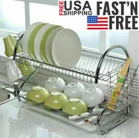 Large Dish Drying Rack Cup Drainer 2-Tier Strainer Holder Tray Stainless Steel Kitchen Storage Dish Racks