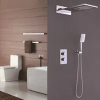 Chrome Color Bathroom Thermostatic Control Shower Faucet Set Wall Mounted Big Waterfall Rain Shower Head Brass Material