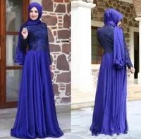 2020 Royal Blue Lace Empire Taille Moslim Avondjurken Lange Chiffon Gedraphed High Neck Zipper Prom Dress Formele elegante feestjurk