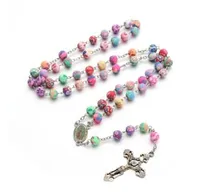 Vintage 8mm Polymer Clay Bead Rosary Cross Pendant Halsband Jungfru Maria Centrepieces Christian Catholic Religiösa Smycken Gift