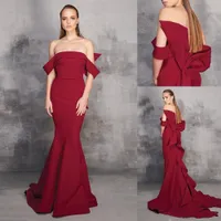 Elagent Dark Red Mermaid Prom Dress Abito senza maniche Senza spalla in raso Plus Size Party Dress Sweep Train Abito formale OgStuff Robes de Soirée