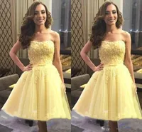 Элегантные платья HomeComing желтые выпускные выпускные платья без бретелек в линейке Тюль аппликация бисером блестки плиссированные вечеринки платье b74