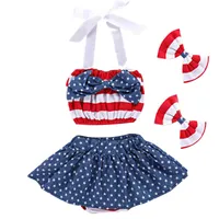 Bebek Kız Etek Seti Amerikan Bayrağı Bağımsızlık Milli Günü ABD 4 Temmuz Bow Yıldız Kayış Tüp Üst Etek Çizgili Saç Klipler Dört Parça Set