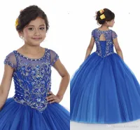 Beaded Crystals Royal Blue Girls Pageant Klänningar 2020 Ny Sheer Neck Cap Sleeve Princess Formell Pagant Party Celebrity Gowns for Teens