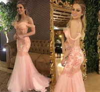2020 Sexy Pink Mermaid Prom Dresses Apliques de encaje de espagueti See Through Long Formal Tulle Vestidos de fiesta de noche Vestido para ocasiones especiales